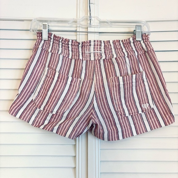 Roxy Pink and White Striped Mini Shorts Tie Tassel Elastic Cotton Size XS - Picture 2 of 5